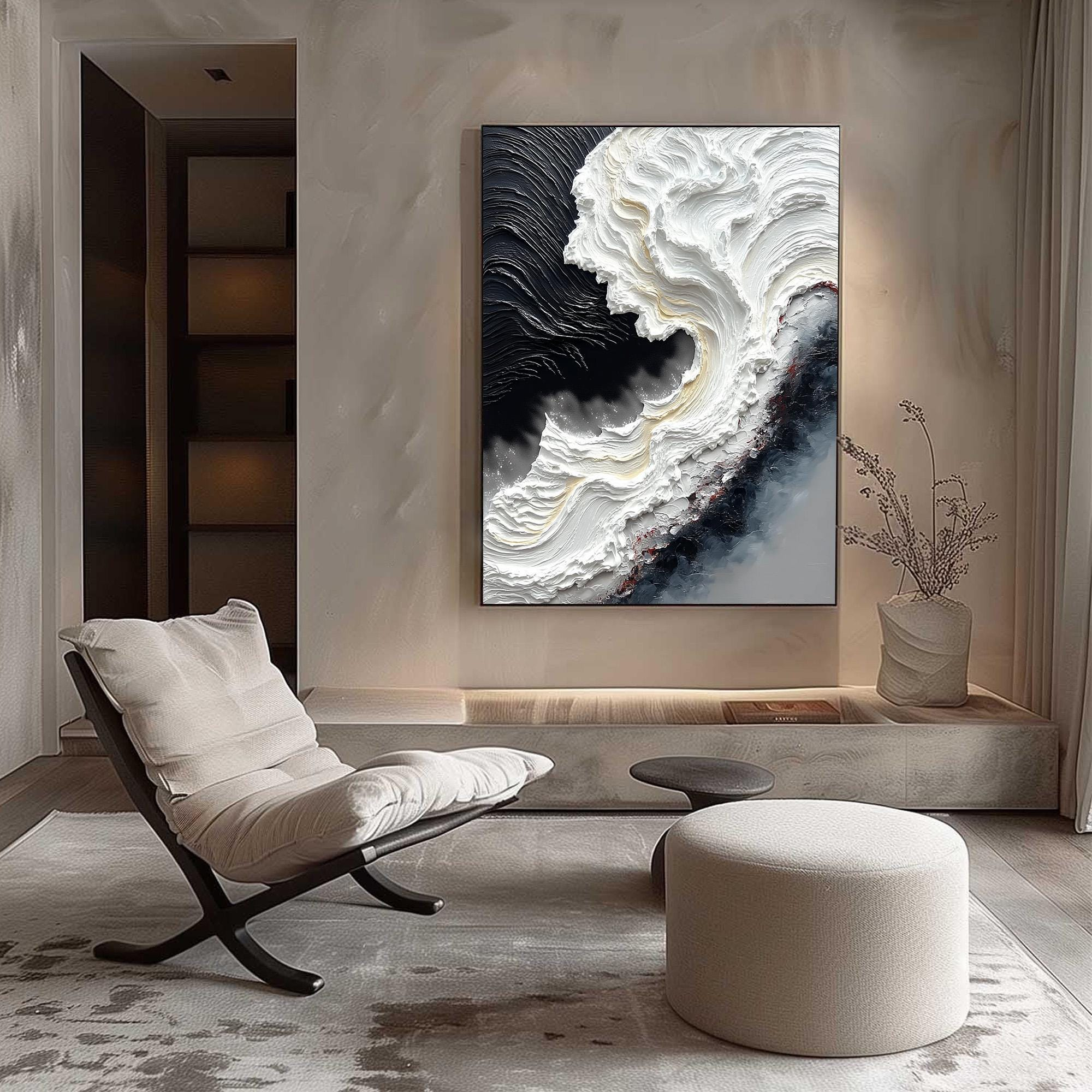 Black and White Abstract Wave Oil Painting